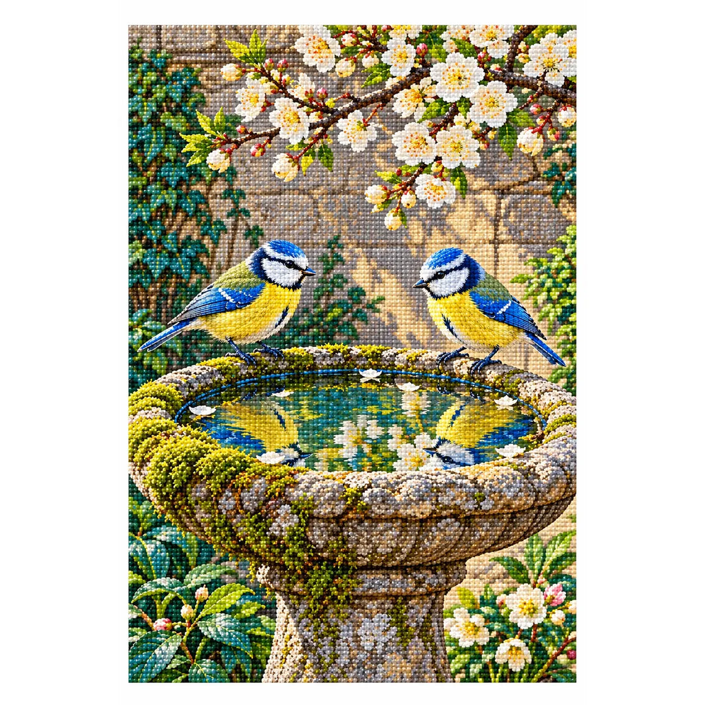 Finished diamond painting of two blue tits at a stone birdbath on a white background