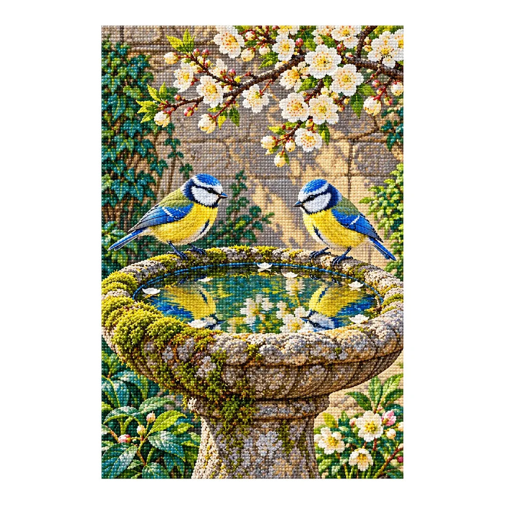 Finished diamond painting of two blue tits at a stone birdbath on a white background