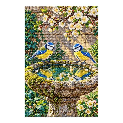 Finished diamond painting of two blue tits at a stone birdbath on a white background