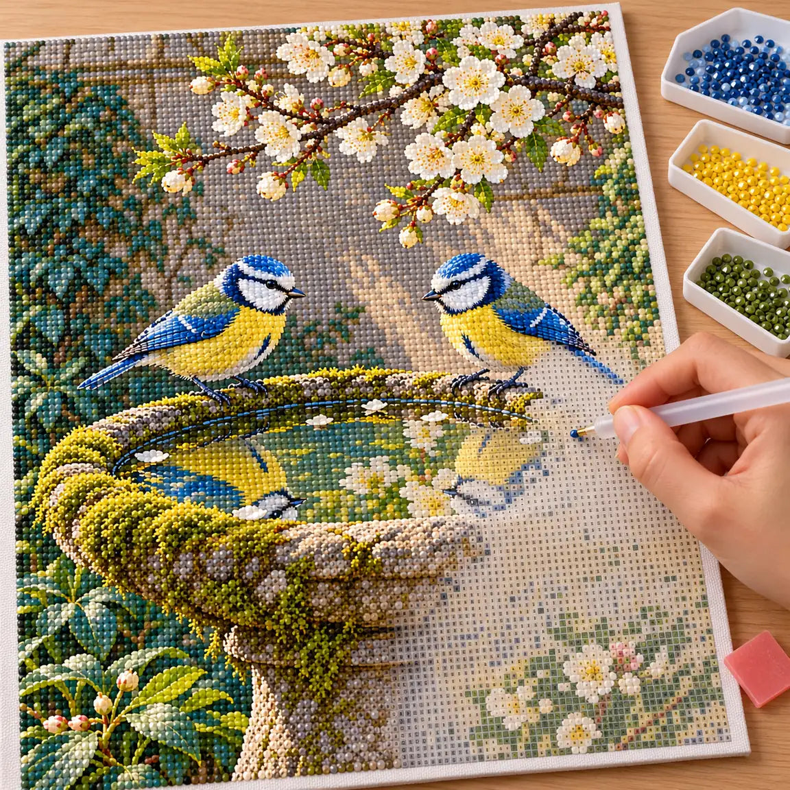DIY process for a blue tits stone birdbath diamond painting kit
