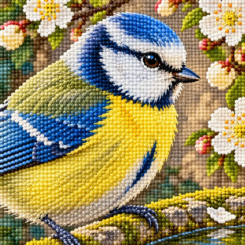 Close-up diamond drill detail of a blue tit at a stone birdbath