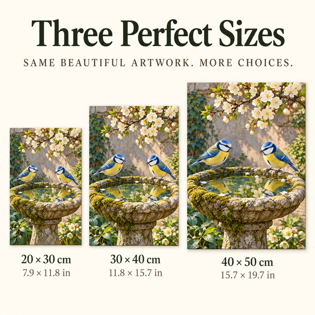 Three size options for the blue tits stone birdbath diamond painting