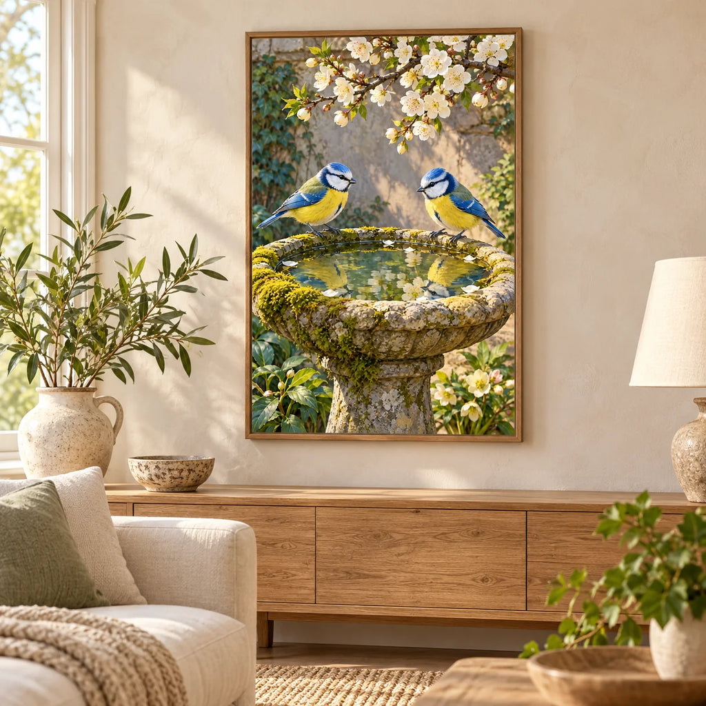 Framed blue tits stone birdbath diamond painting displayed in a living room