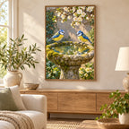 Framed blue tits stone birdbath diamond painting displayed in a living room