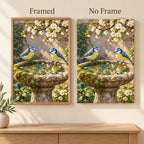 Framed and no-frame comparison for the blue tits stone birdbath artwork