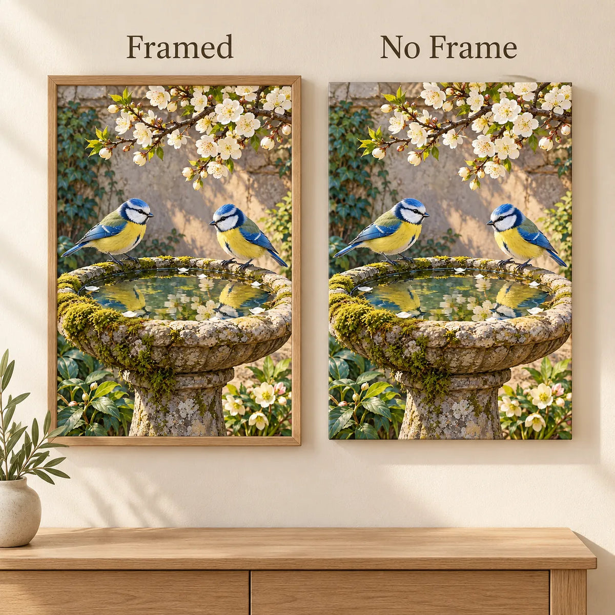 Framed and no-frame comparison for the blue tits stone birdbath artwork