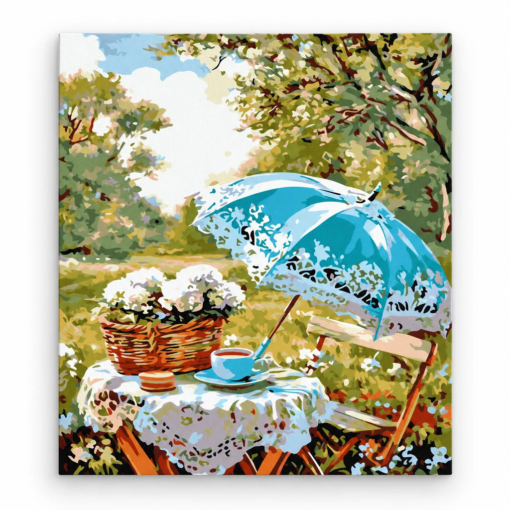 Blue Umbrella Garden Tea paint by numbers artwork on a front-facing canvas against a white background