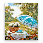 Blue Umbrella Garden Tea paint by numbers artwork on a front-facing canvas against a white background