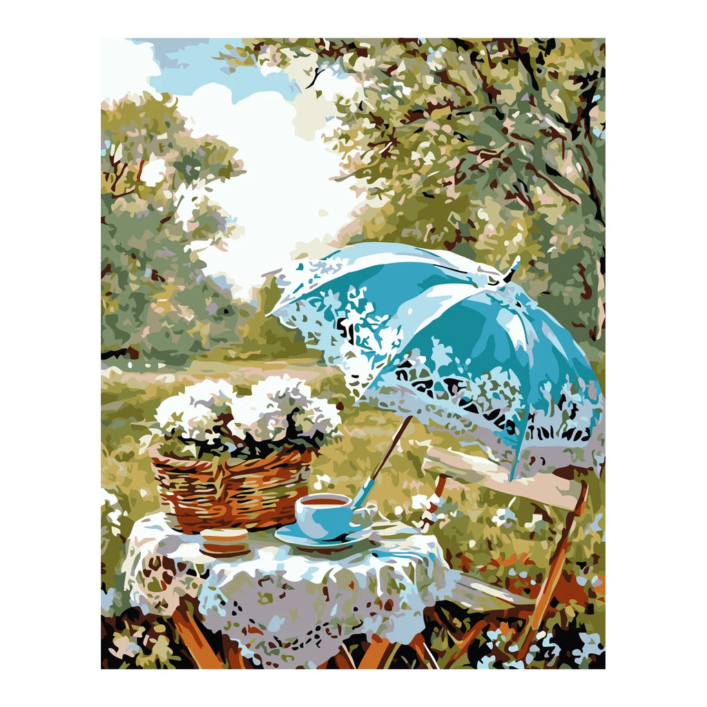 Blue Umbrella Garden Tea completed artwork on a clean white background