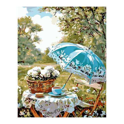 Blue Umbrella Garden Tea completed artwork on a clean white background