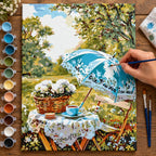 Complete Blue Umbrella Garden Tea numbered canvas being painted with acrylic paints and brushes
