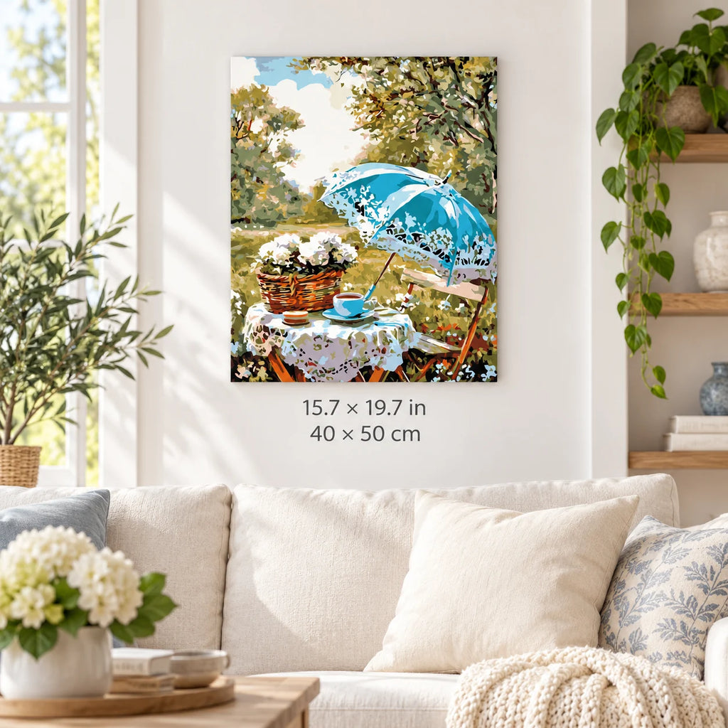 Blue Umbrella Garden Tea shown in a styled room with 15.7 × 19.7 in and 40 × 50 cm dimensions