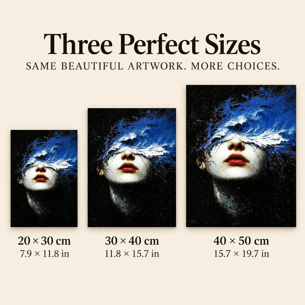 Woman with Blue Wave Across Her Eyes: sizes