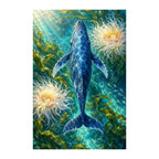 White-background original artwork of a blue whale swimming among underwater blooms