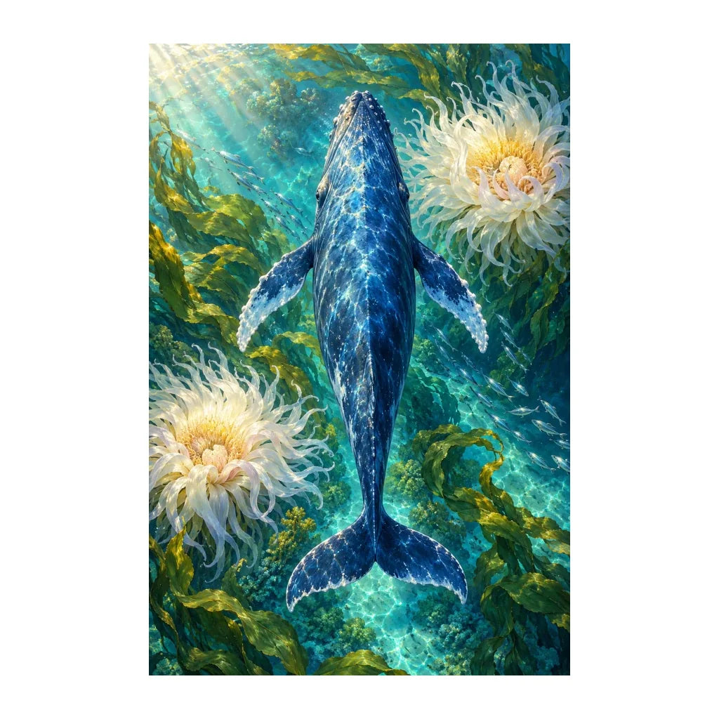White-background original artwork of a blue whale swimming among underwater blooms