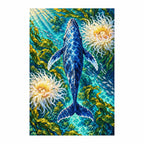 White-background finished diamond painting of a blue whale among sea-anemone flowers
