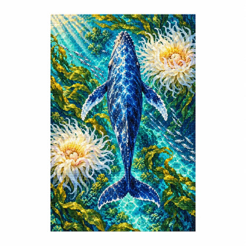 White-background finished diamond painting of a blue whale among sea-anemone flowers