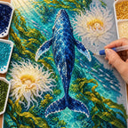 Hands placing drills on the blue whale underwater garden diamond painting