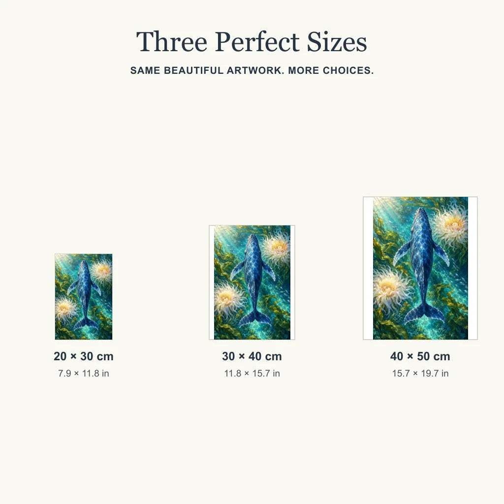 Blue whale diamond painting in 20 by 30, 30 by 40, and 40 by 50 cm sizes