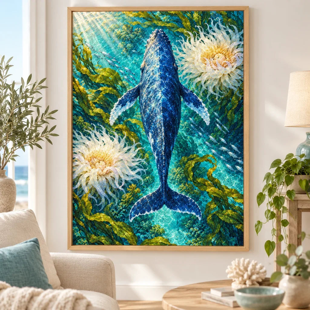 Blue whale diamond painting displayed in a framed home setting