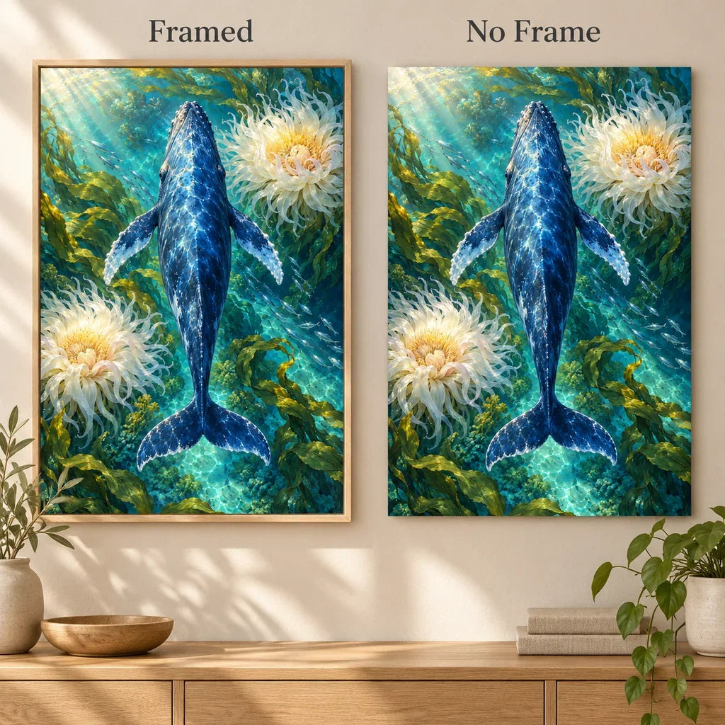 Framed and no-frame options for the blue whale diamond painting