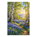 Original bluebell woodland painting beneath birch trees beside a lake at sunset