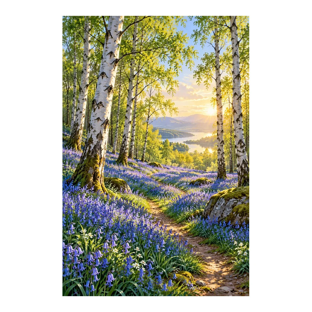 Original bluebell woodland painting beneath birch trees beside a lake at sunset