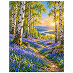 Finished bluebell birch woodland diamond painting with sparkling drills on a white background
