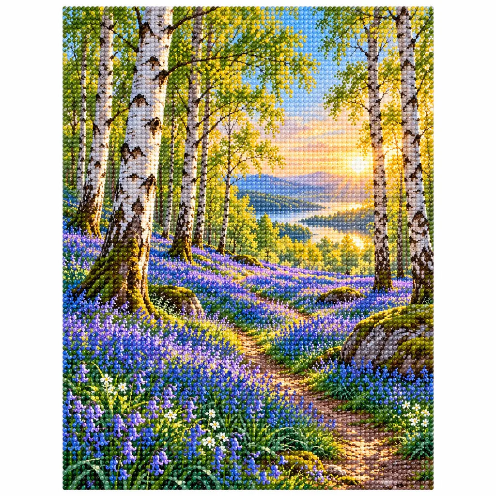 Finished bluebell birch woodland diamond painting with sparkling drills on a white background