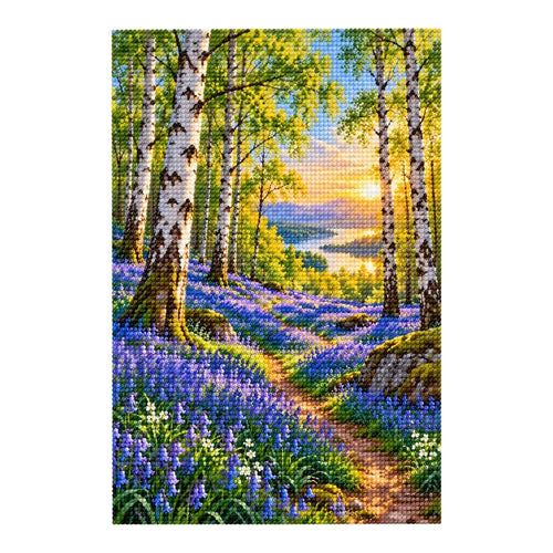Finished bluebell birch woodland diamond painting with sparkling drills on a white background