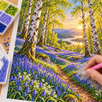 Hand placing drills on a bluebell birch woodland diamond painting canvas