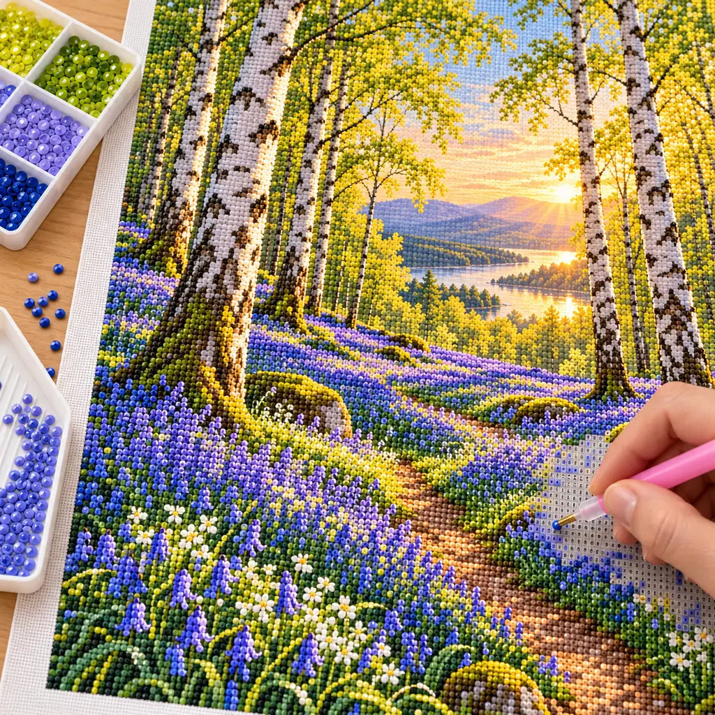Hand placing drills on a bluebell birch woodland diamond painting canvas