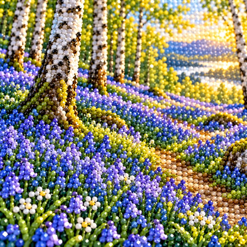 Close-up of colorful drills forming bluebells, birch trunks, and a woodland path