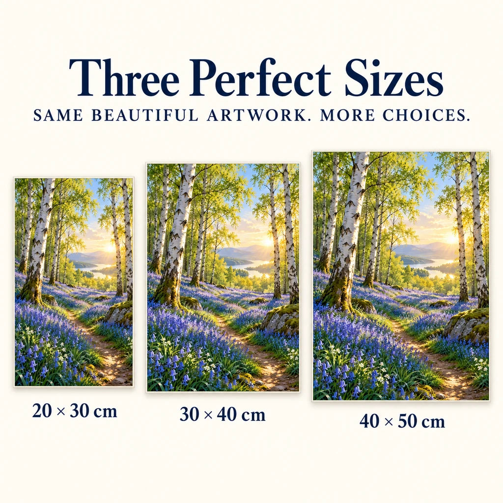 Bluebell birch woodland diamond painting shown in 20 × 30 cm, 30 × 40 cm, and 40 × 50 cm sizes