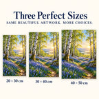 Bluebell birch woodland diamond painting shown in 20 × 30 cm, 30 × 40 cm, and 40 × 50 cm sizes