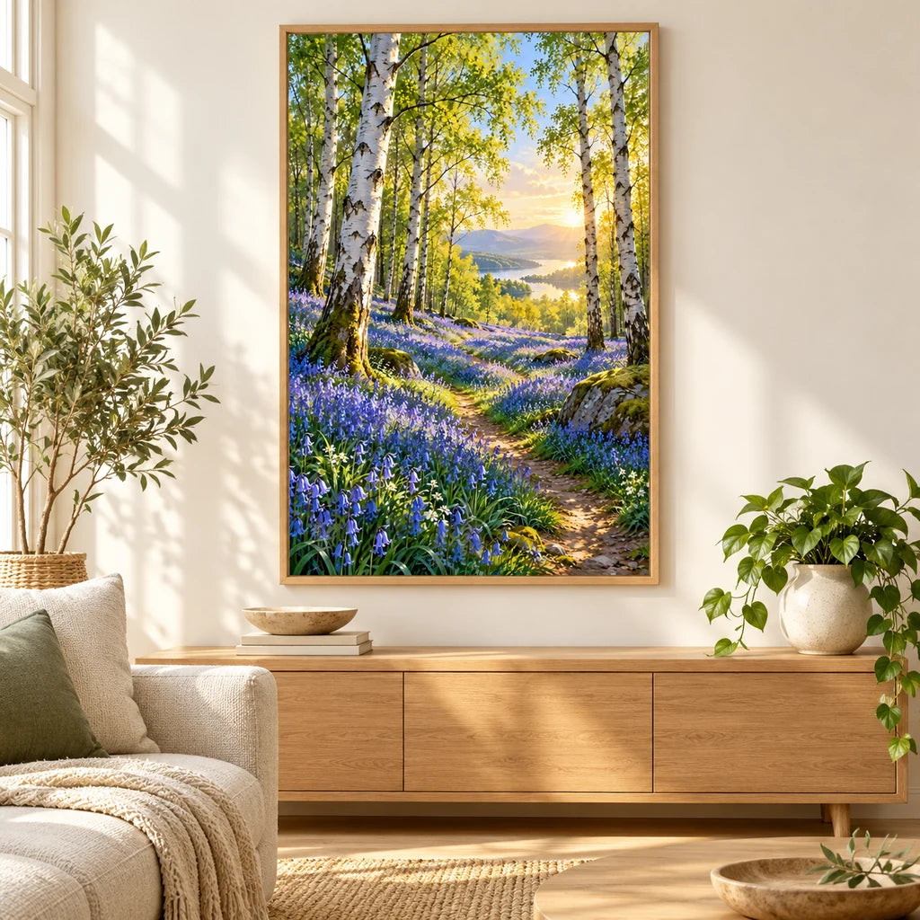 Bluebell birch woodland diamond painting displayed in a framed home decor scene