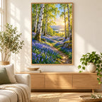 Bluebell birch woodland diamond painting displayed in a framed home decor scene