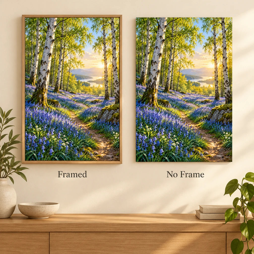 Bluebell birch woodland diamond painting shown framed and without a frame
