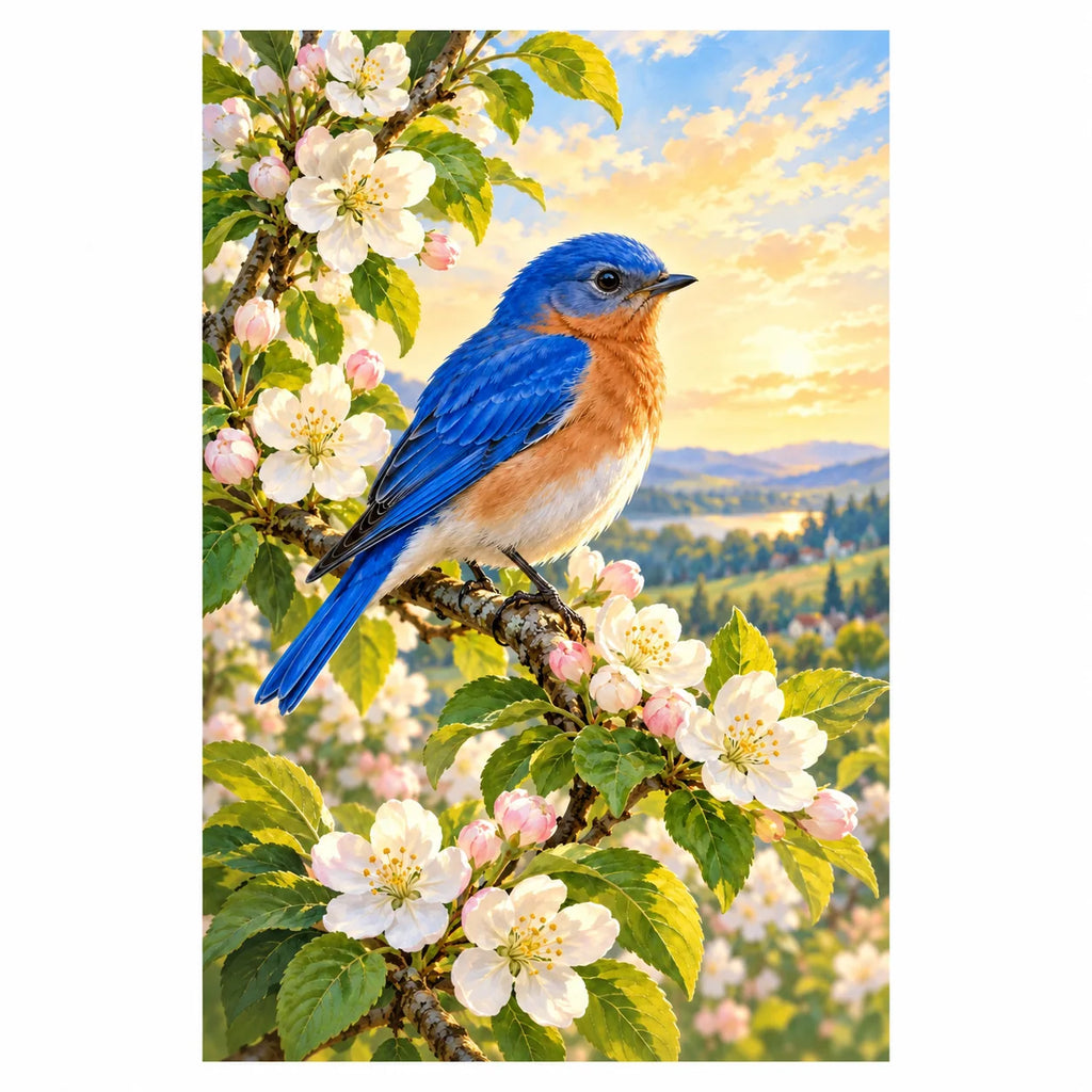 Original artwork of a bluebird among apple blossoms at sunset
