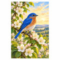 Original artwork of a bluebird among apple blossoms at sunset