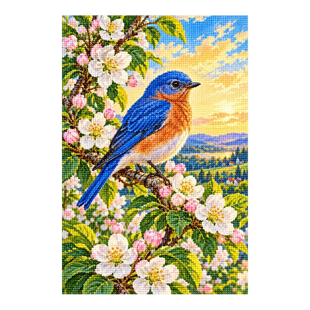 Finished bluebird among apple blossoms diamond painting on a white background