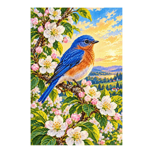 Finished bluebird among apple blossoms diamond painting on a white background