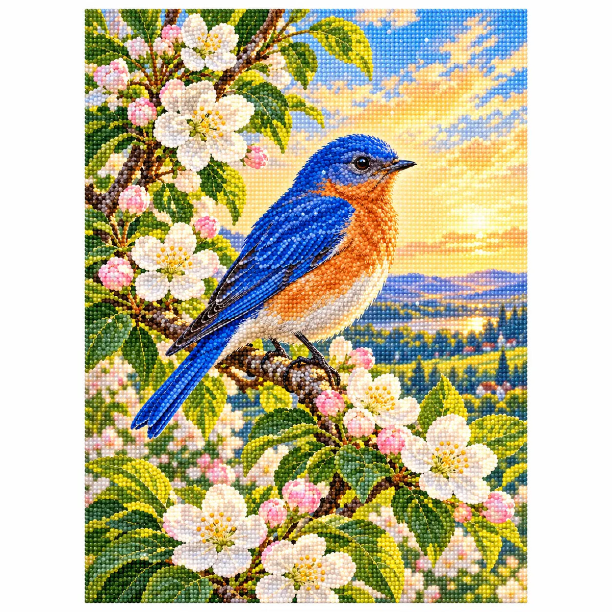 Finished bluebird among apple blossoms diamond painting on a white background