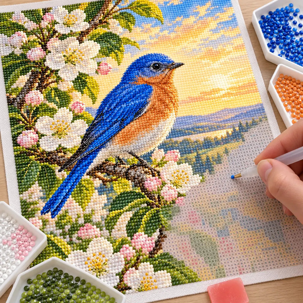 DIY process for a bluebird apple blossom diamond painting kit