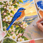 DIY process for a bluebird apple blossom diamond painting kit