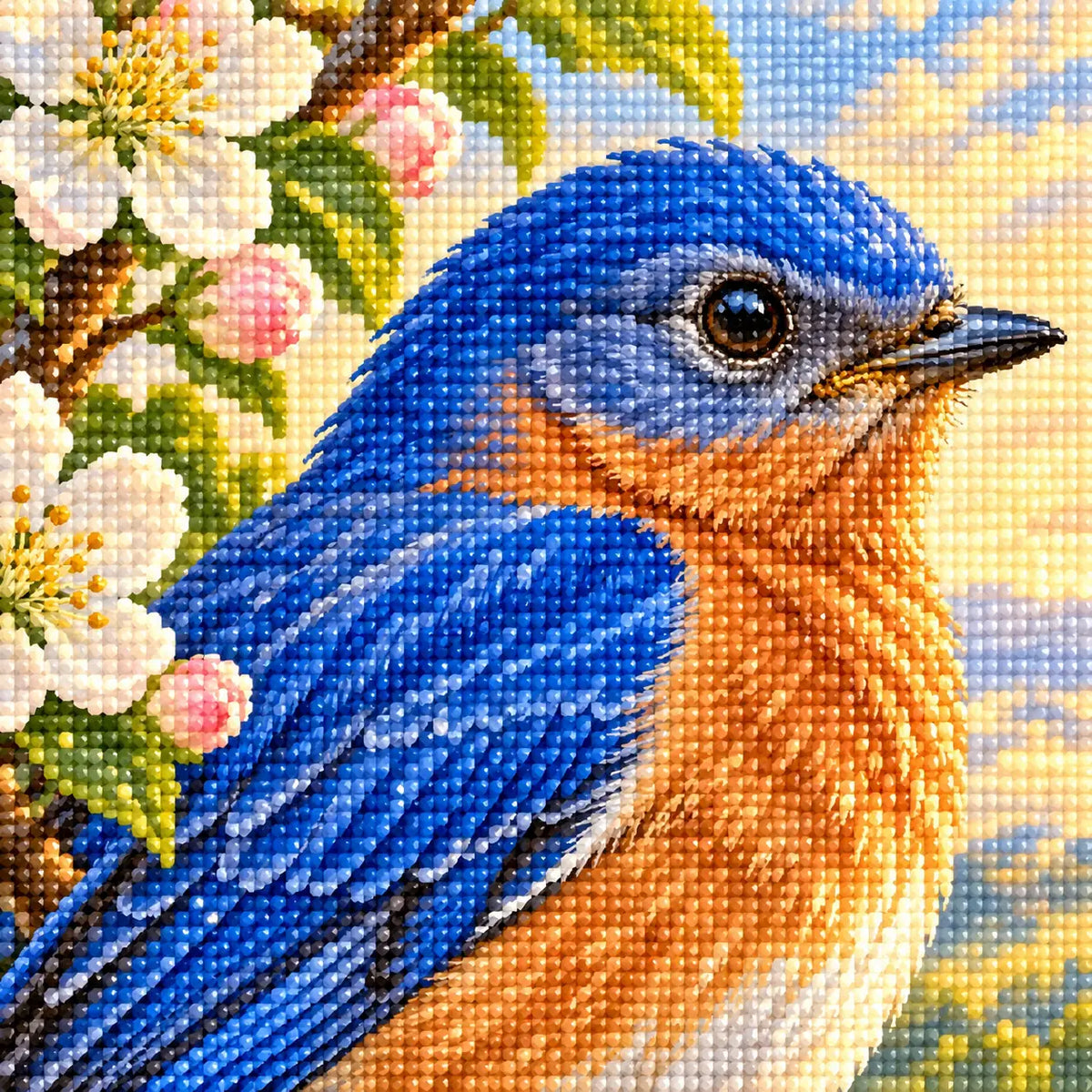 Close-up diamond drill detail of a bluebird among apple blossoms