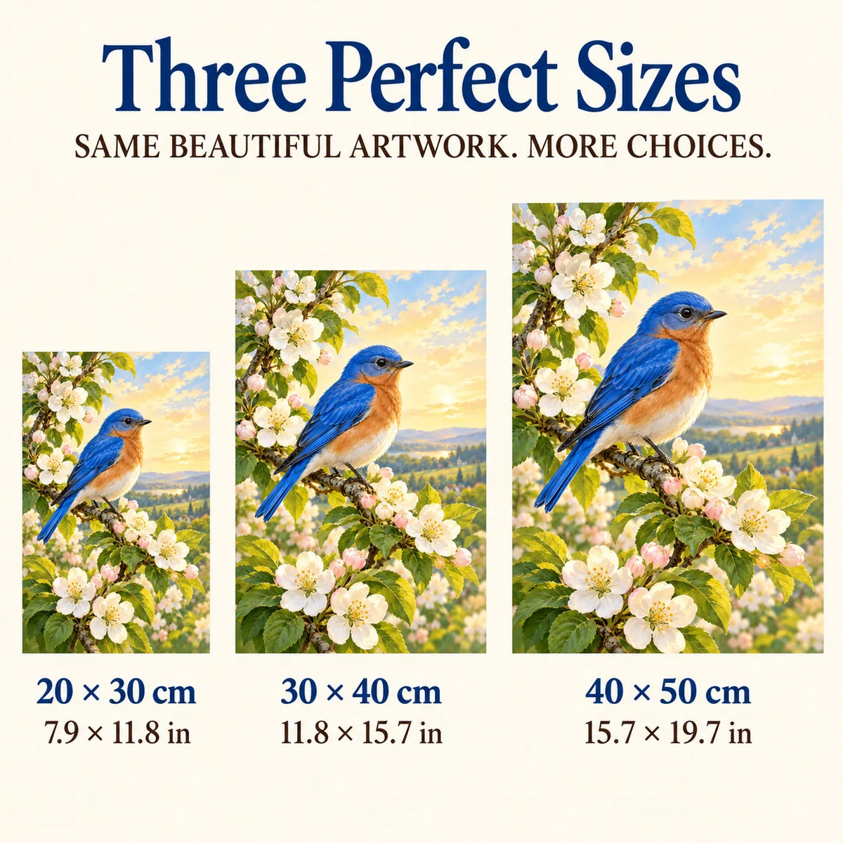 Three size options for the bluebird apple blossom diamond painting