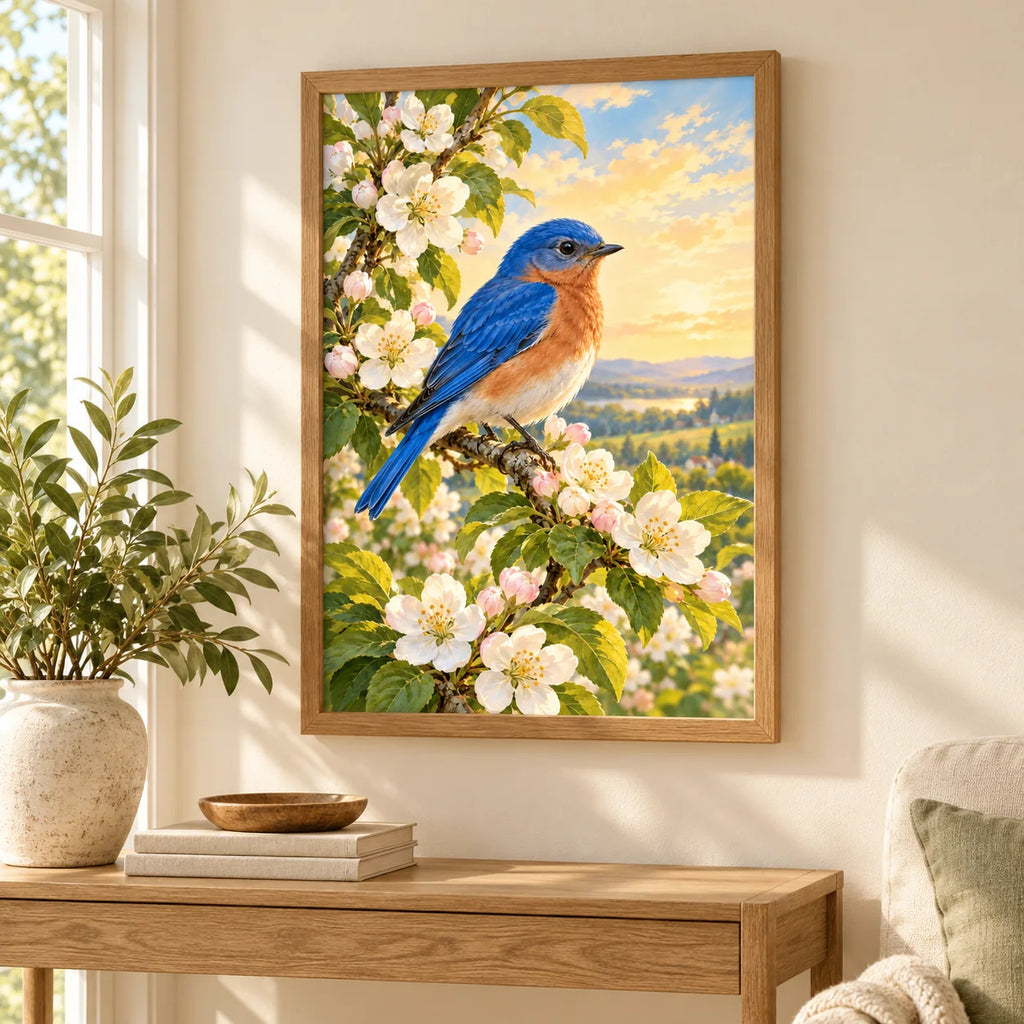 Framed bluebird apple blossom diamond painting displayed in a living room