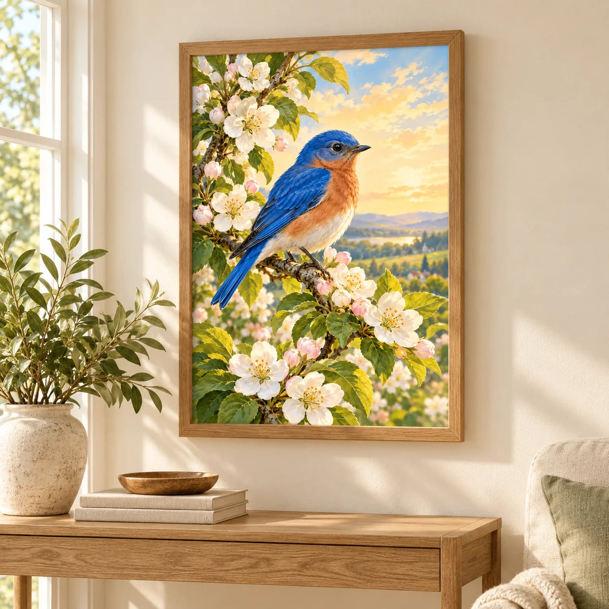 Framed bluebird apple blossom diamond painting displayed in a living room