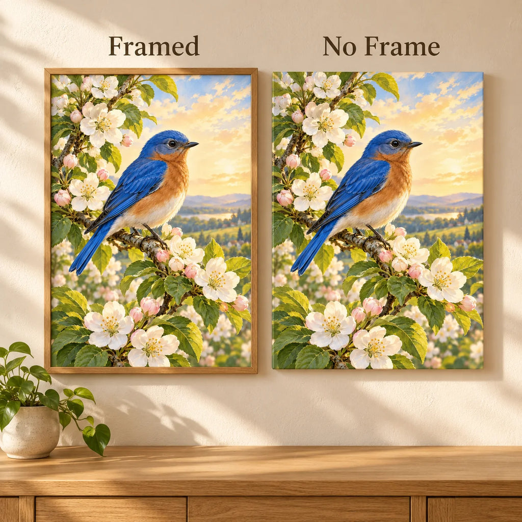 Framed and no-frame comparison for the bluebird apple blossom artwork